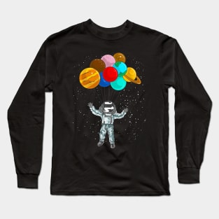 Astronaut In Space Flying With Planet Balloons Long Sleeve T-Shirt